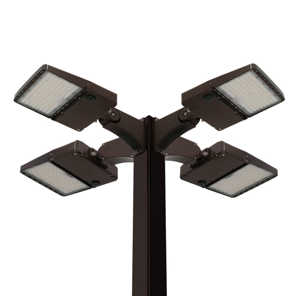 Light Pole Kit with Four LED Area Lights, Selectable Wattage 80/100/120/150 & Color Temperature, 10-25 Foot Pole Height Options