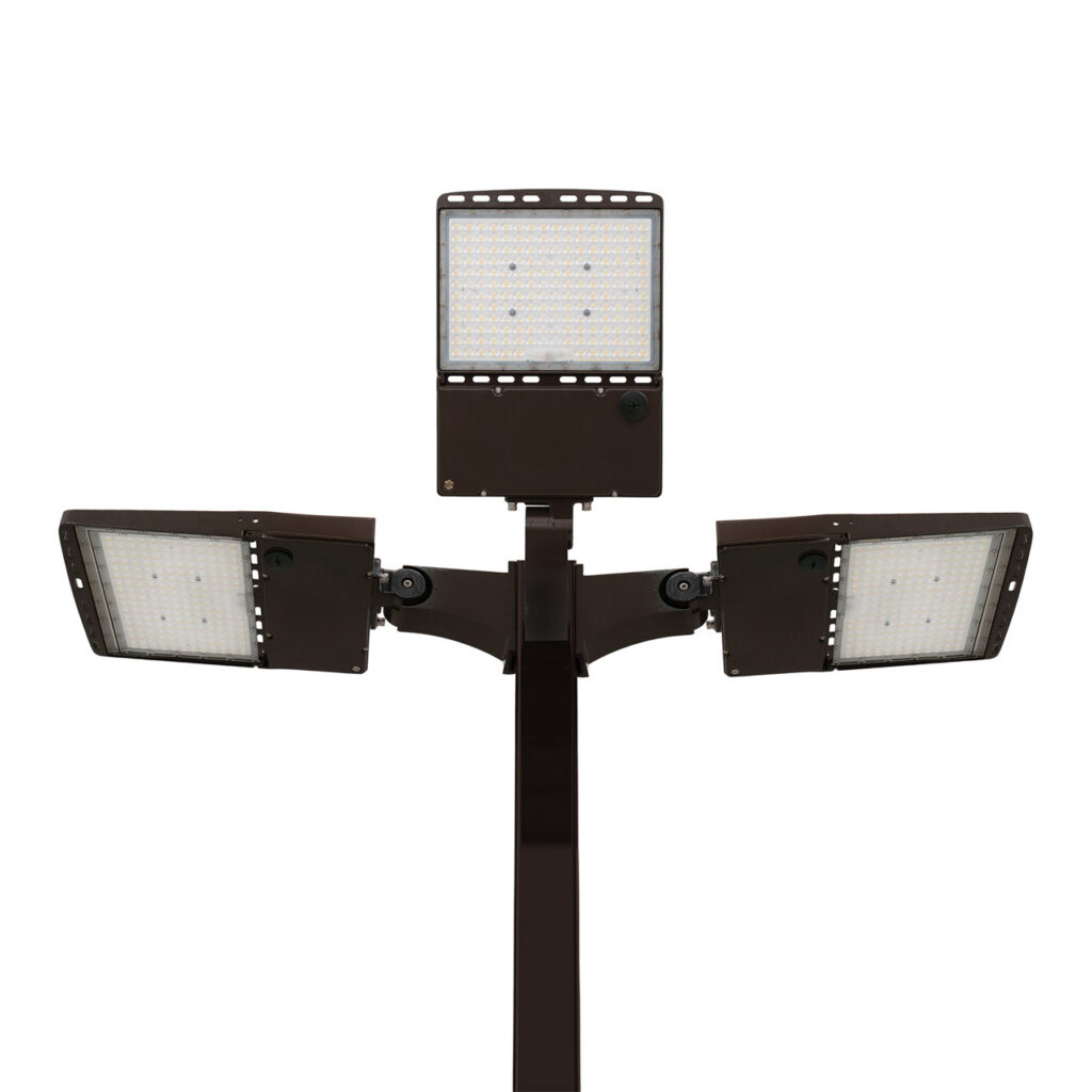 Light Pole Kit with Three LED Area Lights, Selectable Wattage 150/200/240/300 & Color Temperature, 20-30 Foot Pole Height Options