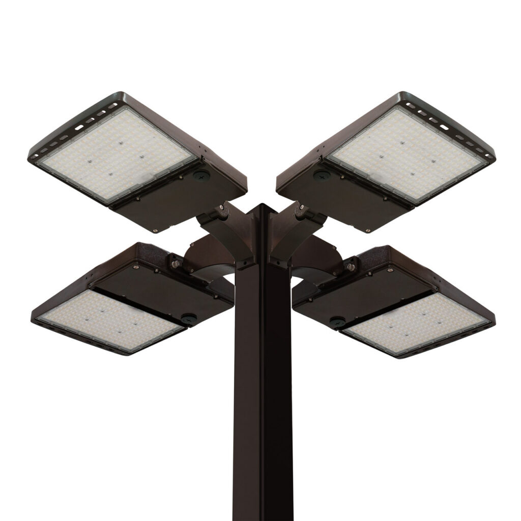 Light Pole Kit with Four LED Area Lights, Selectable Wattage 150/200/240/300 & Color Temperature, 20-30 Foot Pole Height Options